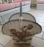 Wicker basket with floral design, storage or magazine holder, 20