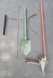 Vintage tool lot, planter, trench shovel, and hooks