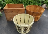 Two bushel baskets and wood crate