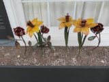 Six metal garden art flowers, roses and daffodils, 12