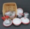 Childrens red and white enamel cookware and red handled aluminum tinware