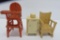 Three cast iron doll house pieces, miniatures, high chair, rocking chair and refrigerator