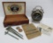 Desk lot with Big Ben a;arm clock, wood box, blotters, catalog and metal spikes