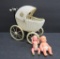 Celluloid toy doll buggy and two celluloid dolls