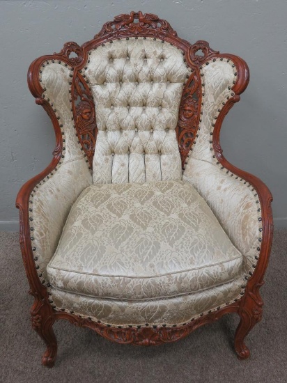 Beautiful Carved Cherub and dove Wing Back Upholstered chairs