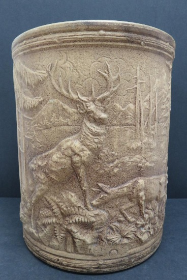 Elk in Woods Brushware Sand Jar, unmarked, sand color interior, 15 1/2"