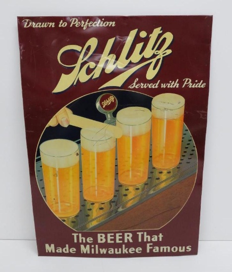 1937 Metal Schlitz Tavern sign, Form 397, Drawn to Perfection, Served with Pride, 19" x 27"