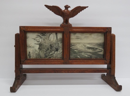 Carved eagle Civil War picture frame with two images, 16 1/2" long and 13 1/2" tall