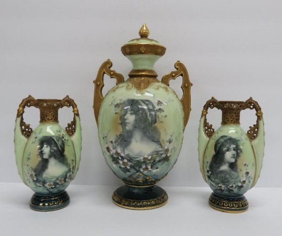 Three Piece set, Ernst Wahlis Turn Wein Austria portrait vases and covered jar, 5 1/2" and 9 1/2"