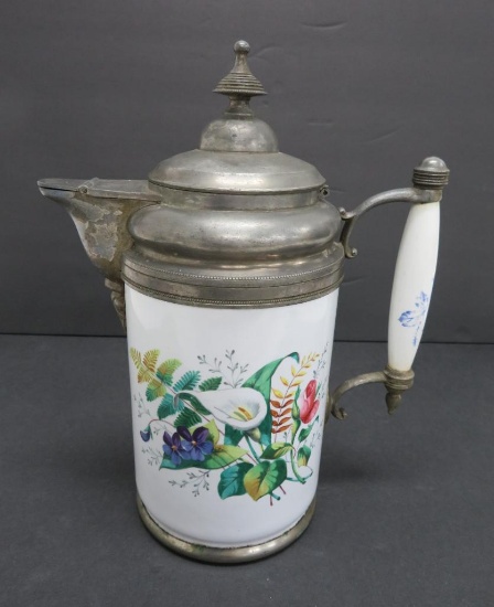 Pewter and enamel graniteware teapot, floral decoration, 11"