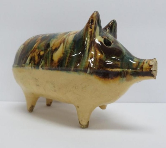 Pottery drip glaze piggy bank, stoneware, 7"