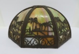 Antique 8 panel bent slag glass shade, oasis pattern metal overlay, 15