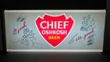 Chief Oshkosh Beer light up sign with box, B'gosh it's good, 24 1/2