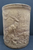 Elk in Woods Brushware Sand Jar, unmarked, sand color interior, 15 1/2