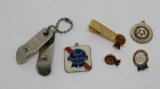 Vintage Pabst Blue Ribbon advertising items, mini bottle opener, pins and tie bar