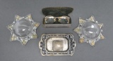 Glass star shape paperweights, inkwell and vintage eye glasses