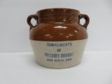 Advertising Stoneware bean pot, HIllerud's Hardware Sauk Center Minn, two tone brown, 6