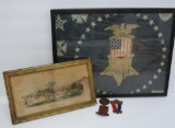 GAR silk handkerchief, framed Camp Illinois 8th Calvary print, and two medals