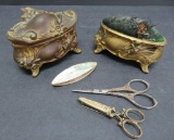 Jewelry Casket, Pin Cushion, Tatting Shuttle and Sewing Scissors