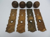 Ornate doorknobs and back plates, set of four matching