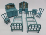 Seven pieces of metal Tootsie Toy doll house furniture, blue, bedroom pieces, 2