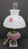 Pink hobnail bedroom lamp with hand painted shade, working
