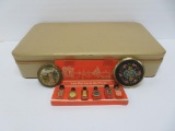 Vintage Estee Lauder case, two compacts and six piece Les Perfume de Paris perfume set