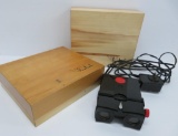 Realist slide viewer and two vintage wood storage boxes