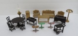 17 pieces of Tootsie Toy metal doll house furniture, living and dining room pieces