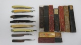 Five vintage straight razors and six boxes