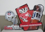 Two metal beer advertising signs, retro, Coors NFL and Wisconsin Badgers Miller Lite
