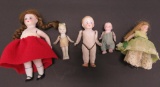 Five bisque doll house dolls, 2 1/2