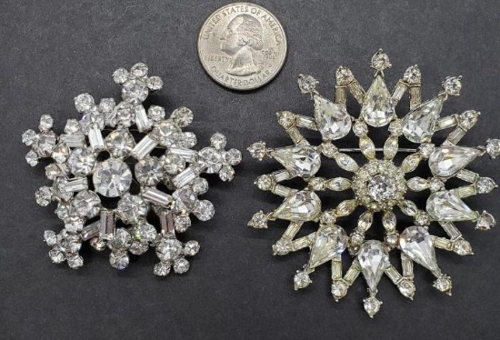 Vintage Pair of Sparkling Rhinestone Brooches; One is Signed Bogoff