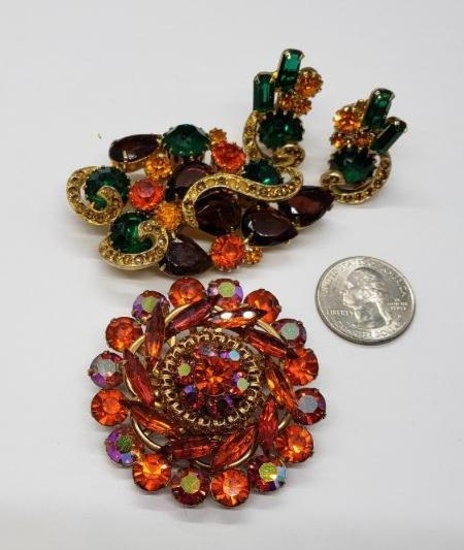 Vintage Jeweled Brooch and Earring Set and Fiery Round Brooch