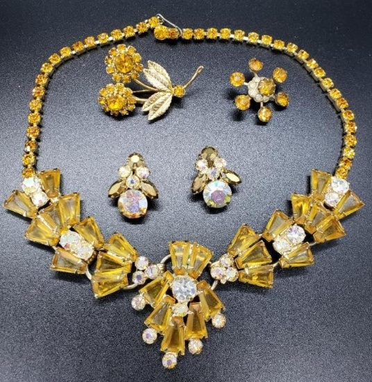 Vintage Costume Jewelry Group with Amber Colored Stones and Rhinestones