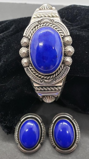 Navajo Sterling Silver and Lapis Bracelet and Clip Earrings
