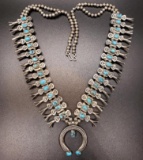 Navajo Sterling Silver and Turquoise Squash Blossom Necklace