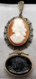Antique Dark Amber Glass Medusa Medallion and Vintage Cameo Pendant