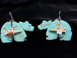 Vintage Hand Carved Marbled Turquoise Bear Clip Earrings