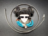 Sterling Silver Zuni Maiden Brooch/Pendant and Necklace