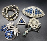 Vintage Blue and Clear Rhinestone Brooch Grouping