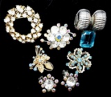 Vintage Jeweled Brooches, Clip Earrings and a Dress Clip