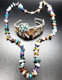 Sterling Silver Zuni Inlaid Cuff Bracelet and Semi-Precious Stone Necklace