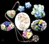 Vintage Floral Costume Jewelry Lot, Including Micro Mosiac Pin