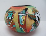 David Roy Yokua Hopi gourd bowl with turquoise, five Katsina images