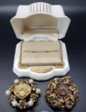 Vintage Jeweled Pins and Art Deco Ring Box