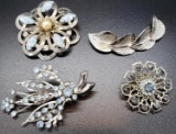 Four Vintage Ice Blue Jeweled Brooches