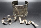 Antique Silver Cuff Bracelet and Pair of Sterling Silver Pins