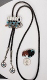 Artist J. Lamy Inlaid Sterling Silver Bolo Tie & S. Lonjore Inlaid Sterling Buffalo Pin/Pendant