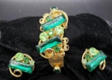 Vintage Jeweled Hinged Cuff Bracelet and Clip Earrings; Great Colors